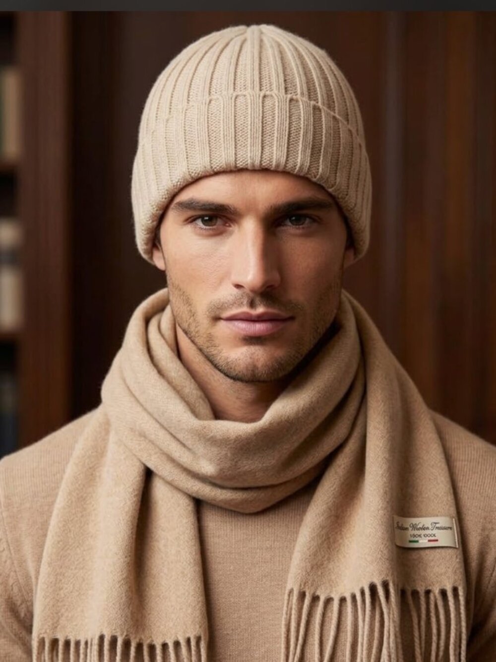 NWT NIb Men’s Italian 100% Wool Scarf & Beanie Set Camel Made in Italy